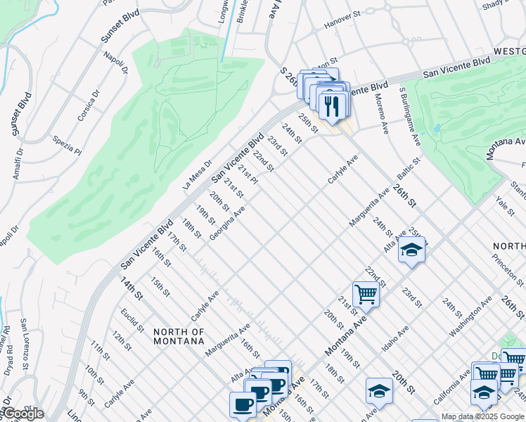 map of restaurants, bars, coffee shops, grocery stores, and more near 327 21st Street in Santa Monica