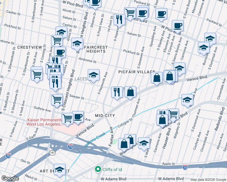 map of restaurants, bars, coffee shops, grocery stores, and more near 1816 South Orange Grove Avenue in Los Angeles
