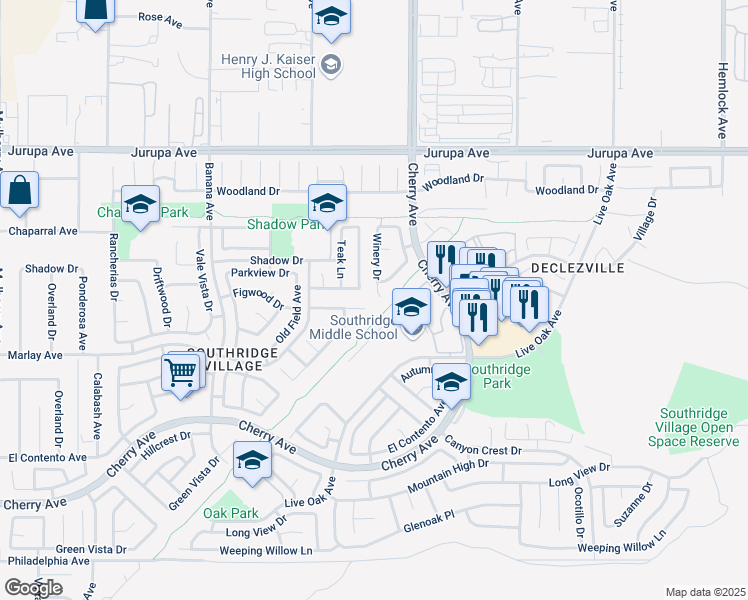 map of restaurants, bars, coffee shops, grocery stores, and more near 11530 Winery Drive in Fontana