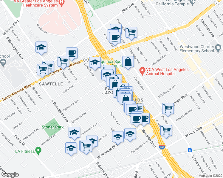map of restaurants, bars, coffee shops, grocery stores, and more near 1841 Sawtelle Boulevard in Los Angeles
