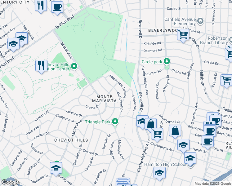 map of restaurants, bars, coffee shops, grocery stores, and more near 2759 McConnell Drive in Los Angeles
