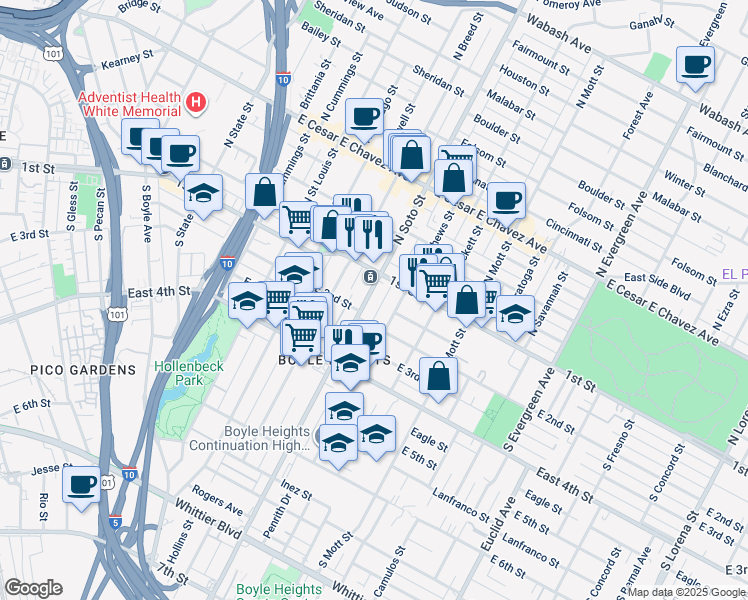 map of restaurants, bars, coffee shops, grocery stores, and more near 130 South Soto Street in Los Angeles