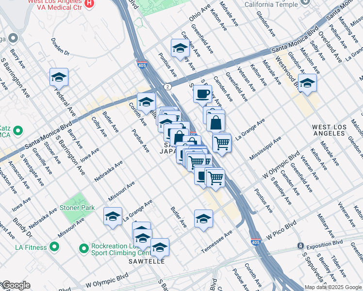 map of restaurants, bars, coffee shops, grocery stores, and more near 1912 Sawtelle Boulevard in Los Angeles