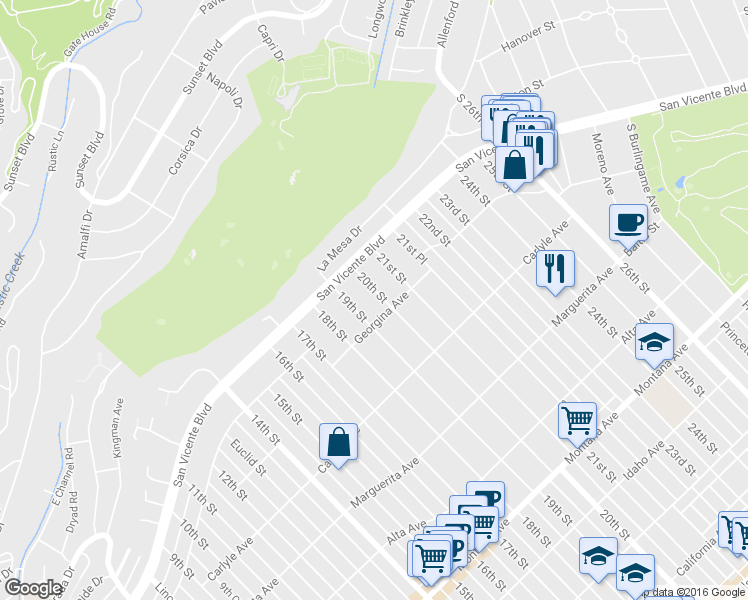 map of restaurants, bars, coffee shops, grocery stores, and more near 250 20th Street in Santa Monica