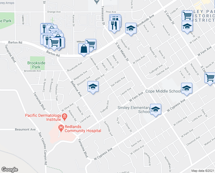 map of restaurants, bars, coffee shops, grocery stores, and more near 1302 San Pablo Avenue in Redlands