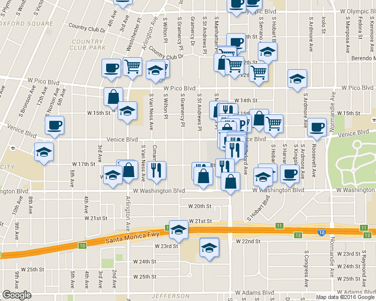 map of restaurants, bars, coffee shops, grocery stores, and more near 1624 South Gramercy Place in Los Angeles