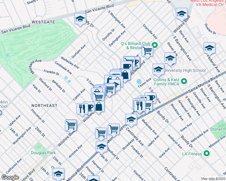 map of restaurants, bars, coffee shops, grocery stores, and more near 12301 Wilshire Boulevard in Los Angeles
