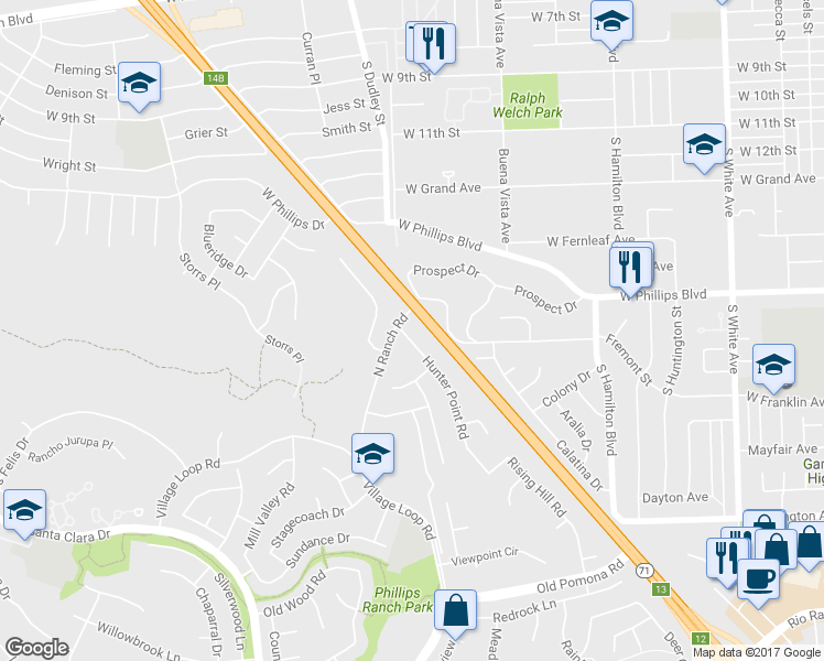 map of restaurants, bars, coffee shops, grocery stores, and more near 6 Hunter Point Road in Pomona