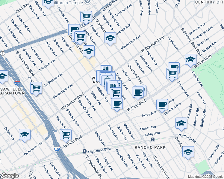 map of restaurants, bars, coffee shops, grocery stores, and more near 2283 Westwood Boulevard in Los Angeles