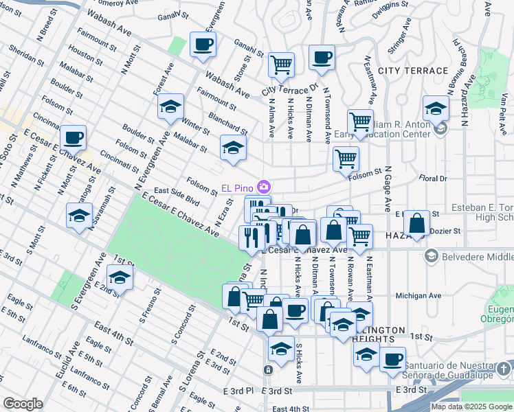 map of restaurants, bars, coffee shops, grocery stores, and more near 501 North Indiana Street in Los Angeles