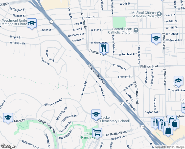 map of restaurants, bars, coffee shops, grocery stores, and more near 6 Hunter Point Road in Pomona
