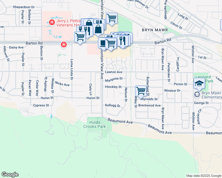 map of restaurants, bars, coffee shops, grocery stores, and more near 25765 Hinckley Street in Loma Linda