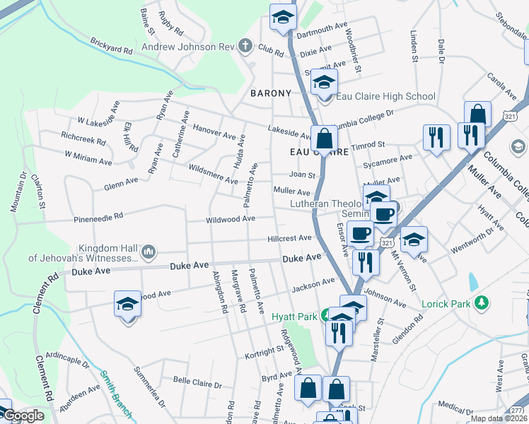 map of restaurants, bars, coffee shops, grocery stores, and more near 517 Wildwood Avenue in Columbia