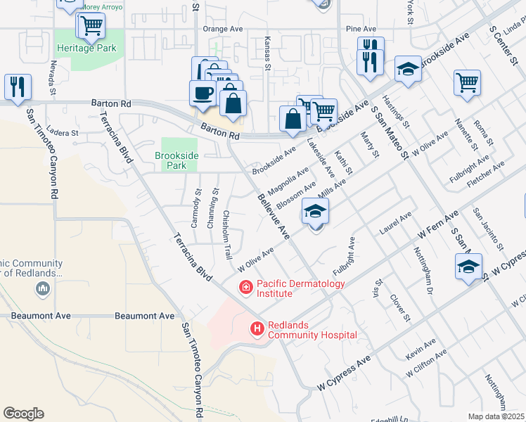 map of restaurants, bars, coffee shops, grocery stores, and more near 160 Bellevue Avenue in Redlands