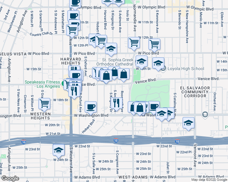 map of restaurants, bars, coffee shops, grocery stores, and more near 1677 South Ardmore Avenue in Los Angeles