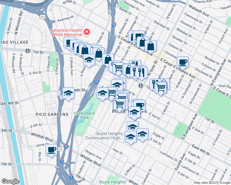 map of restaurants, bars, coffee shops, grocery stores, and more near 229 South Chicago Street in Los Angeles