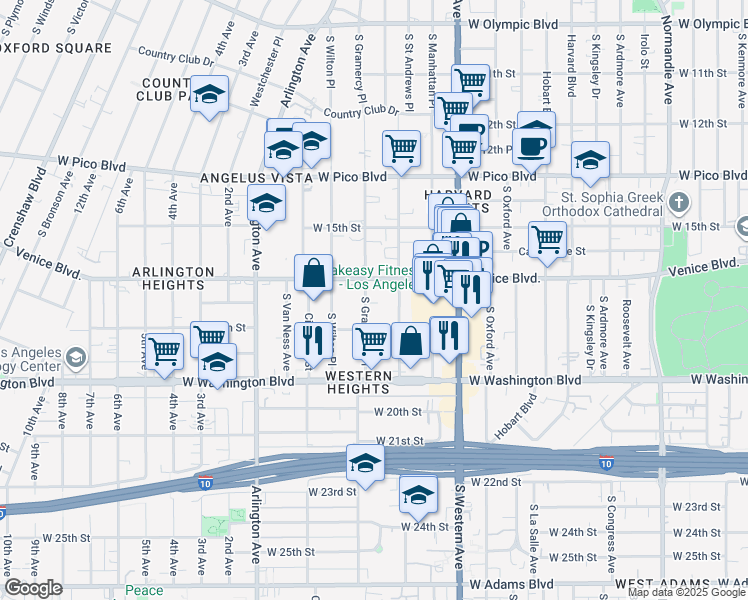 map of restaurants, bars, coffee shops, grocery stores, and more near 1624 South Gramercy Place in Los Angeles