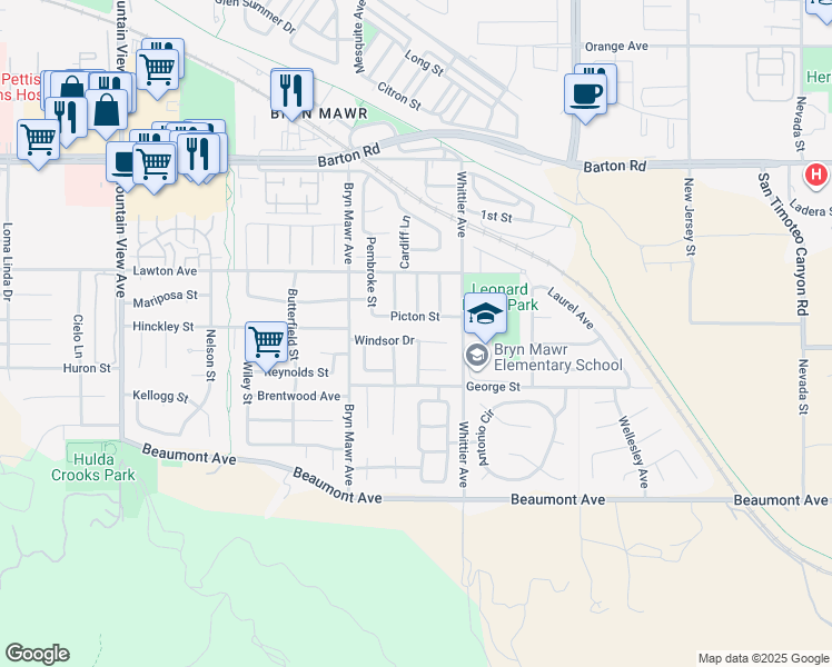 map of restaurants, bars, coffee shops, grocery stores, and more near 26220 Windsor Drive in Loma Linda