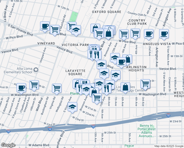 map of restaurants, bars, coffee shops, grocery stores, and more near 1722 Crenshaw Boulevard in Los Angeles