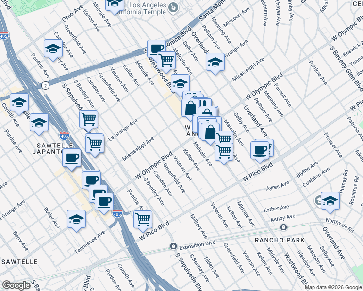 map of restaurants, bars, coffee shops, grocery stores, and more near Kelton Avenue in Los Angeles