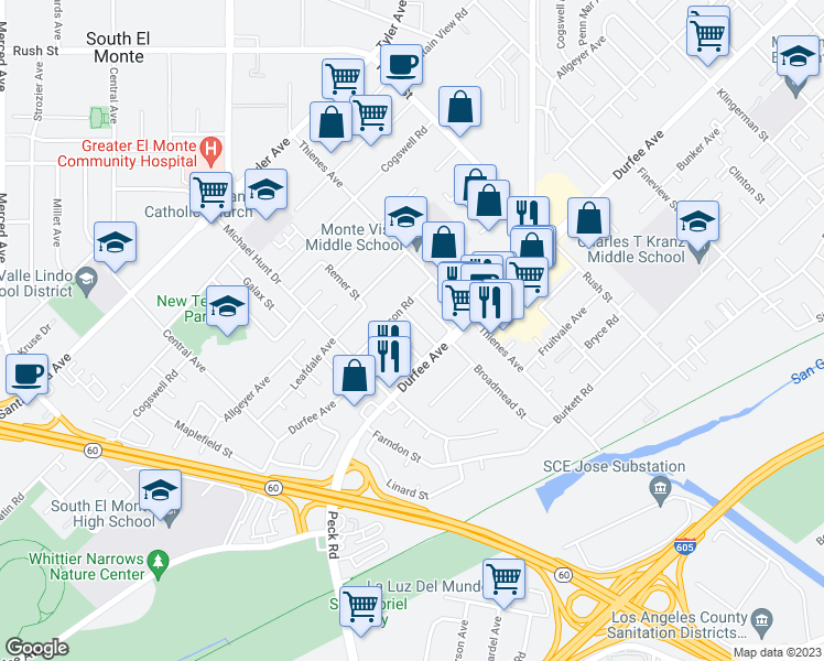 map of restaurants, bars, coffee shops, grocery stores, and more near 11224 Springwood Street in El Monte