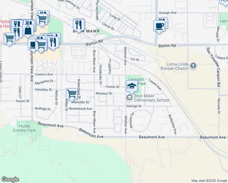 map of restaurants, bars, coffee shops, grocery stores, and more near 11630 Emerald Drive in Loma Linda
