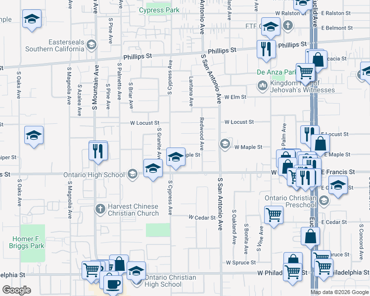map of restaurants, bars, coffee shops, grocery stores, and more near in Ontario