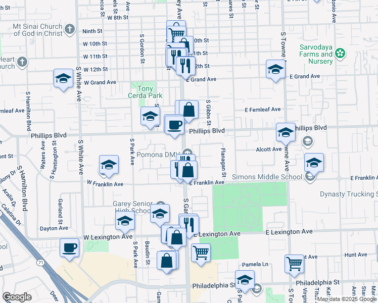 map of restaurants, bars, coffee shops, grocery stores, and more near 1589 Biscay Way in Pomona