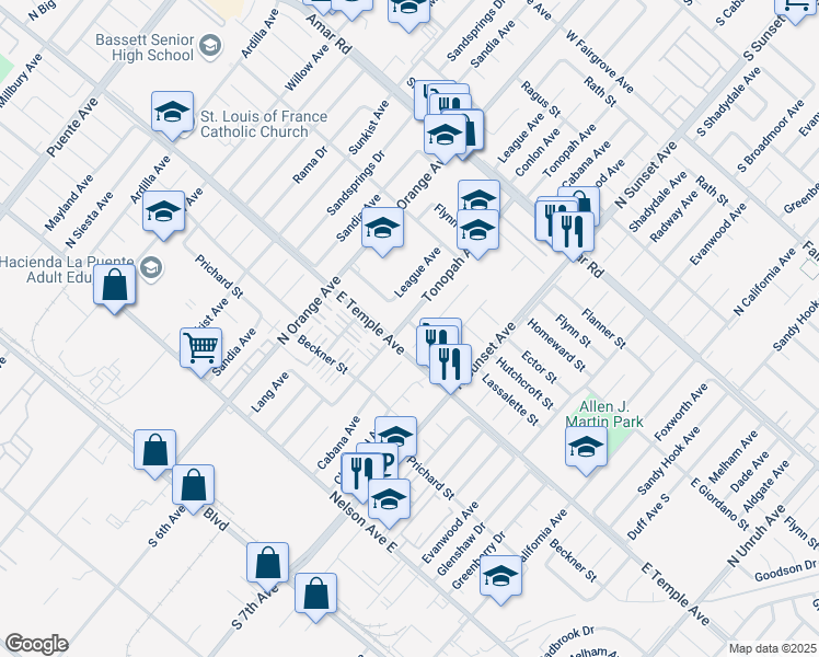 map of restaurants, bars, coffee shops, grocery stores, and more near 14506 Lassalette Street in La Puente