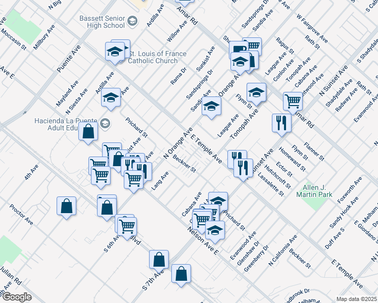 map of restaurants, bars, coffee shops, grocery stores, and more near 534 League Avenue in La Puente