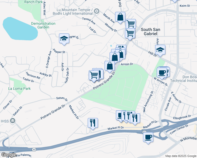 map of restaurants, bars, coffee shops, grocery stores, and more near 1965 Potrero Grande Drive in Monterey Park
