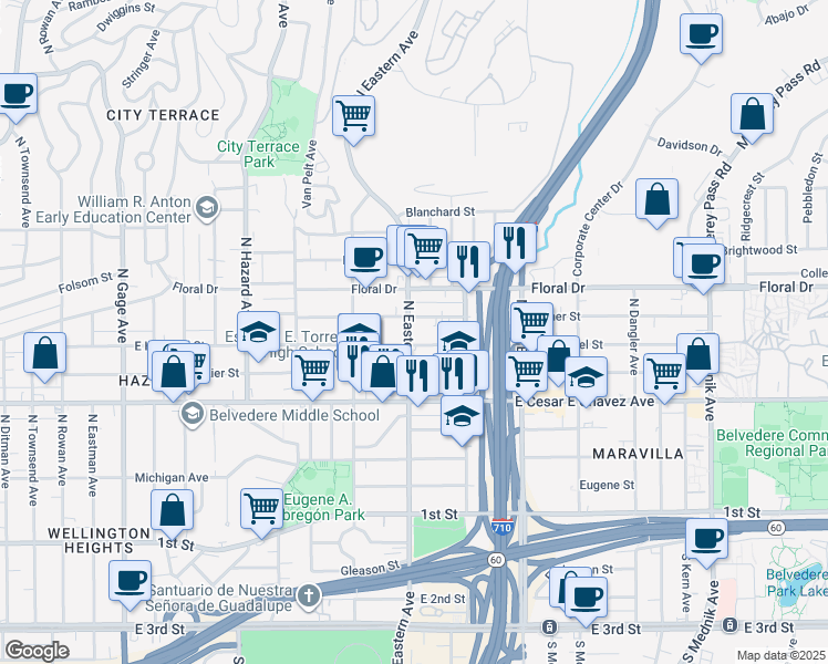 map of restaurants, bars, coffee shops, grocery stores, and more near in East Los Angeles