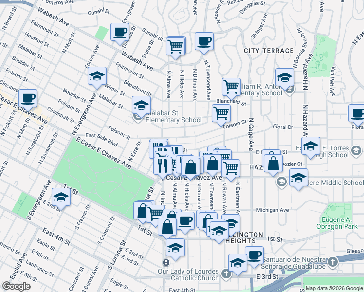 map of restaurants, bars, coffee shops, grocery stores, and more near 3341 Floral Drive in Los Angeles