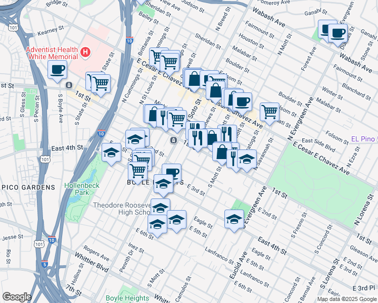 map of restaurants, bars, coffee shops, grocery stores, and more near 124 South Mathews Street in Los Angeles