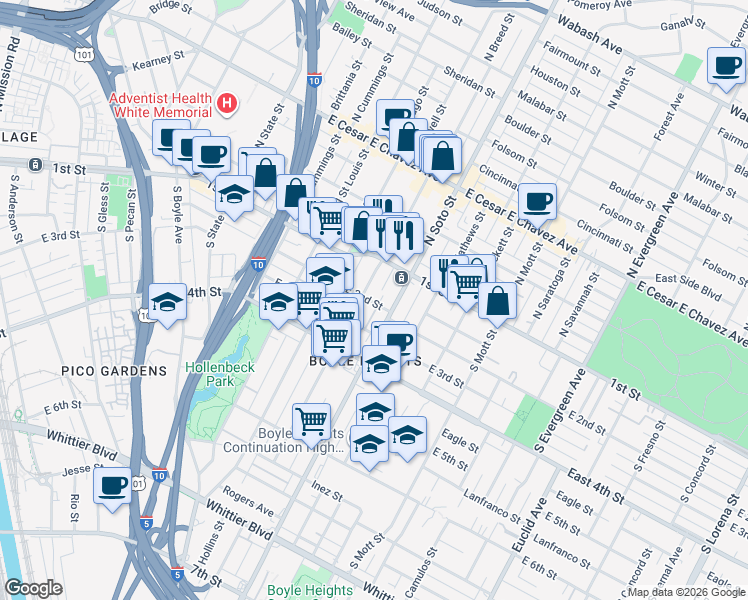 map of restaurants, bars, coffee shops, grocery stores, and more near 2302 East 2nd Street in Los Angeles