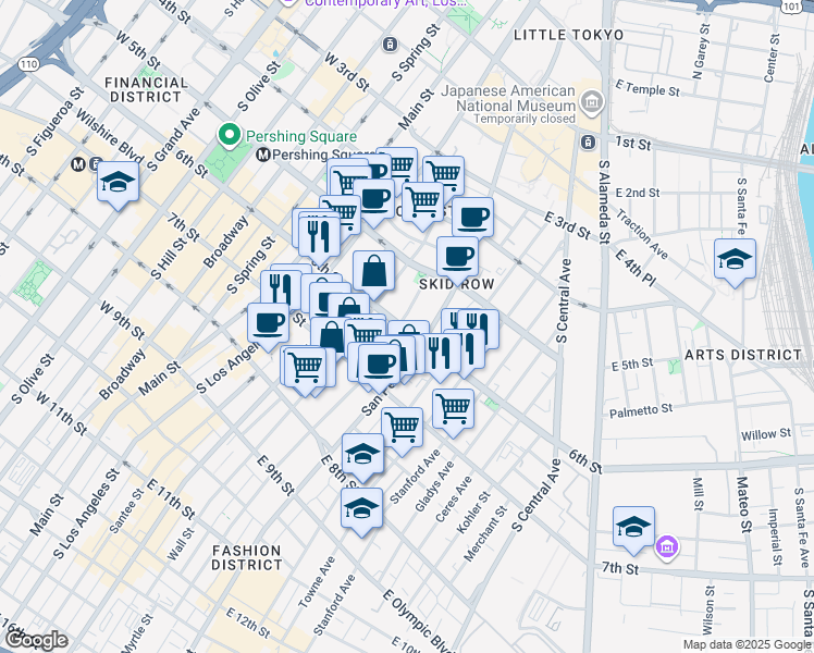 map of restaurants, bars, coffee shops, grocery stores, and more near 611 San Julian Street in Los Angeles