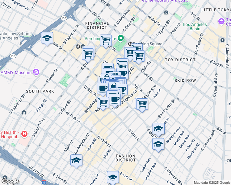 map of restaurants, bars, coffee shops, grocery stores, and more near 820 South Spring Street in Los Angeles