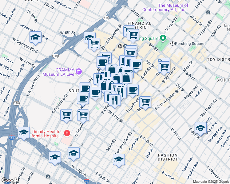 map of restaurants, bars, coffee shops, grocery stores, and more near 408 West Olympic Boulevard in Los Angeles