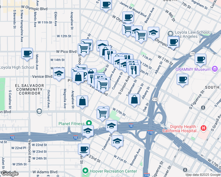 map of restaurants, bars, coffee shops, grocery stores, and more near 1436 1/2 Constance Street in Los Angeles