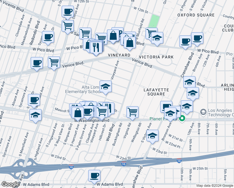 map of restaurants, bars, coffee shops, grocery stores, and more near 4547 Saint Elmo Drive in Los Angeles