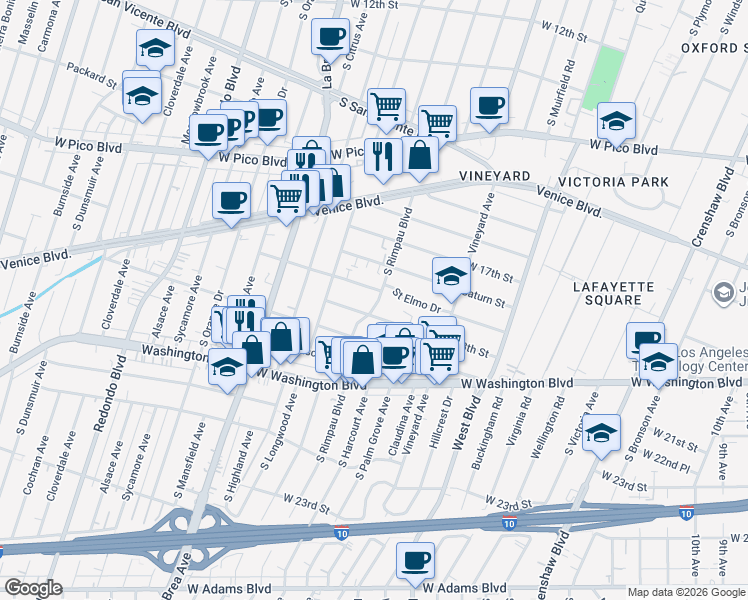 map of restaurants, bars, coffee shops, grocery stores, and more near 1793 South Rimpau Boulevard in Los Angeles