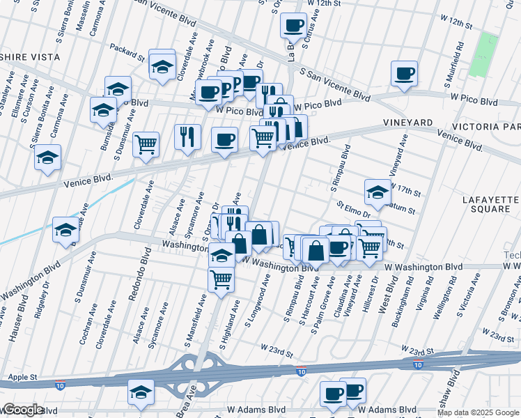 map of restaurants, bars, coffee shops, grocery stores, and more near 1751 South Highland Avenue in Los Angeles