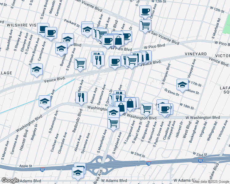 map of restaurants, bars, coffee shops, grocery stores, and more near 1806 South Orange Drive in Los Angeles