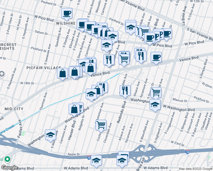 map of restaurants, bars, coffee shops, grocery stores, and more near 1830 Dunsmuir Avenue in Los Angeles