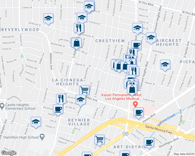 map of restaurants, bars, coffee shops, grocery stores, and more near 1946 South Bedford Street in Los Angeles