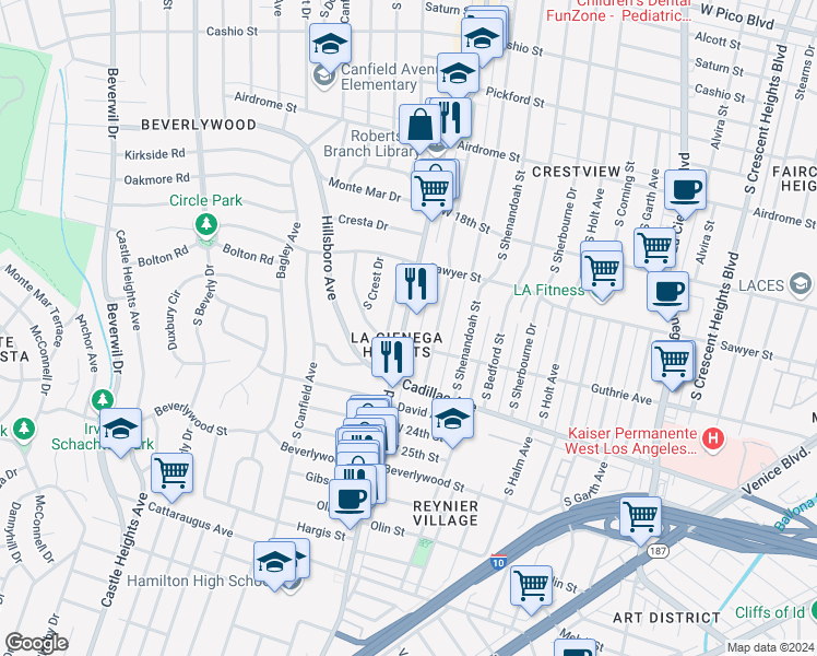 map of restaurants, bars, coffee shops, grocery stores, and more near 1952 South Robertson Boulevard in Los Angeles