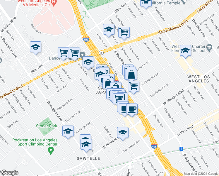 map of restaurants, bars, coffee shops, grocery stores, and more near 1912 Sawtelle Boulevard in Los Angeles