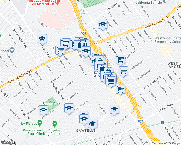 map of restaurants, bars, coffee shops, grocery stores, and more near 1816 Purdue Avenue in Los Angeles