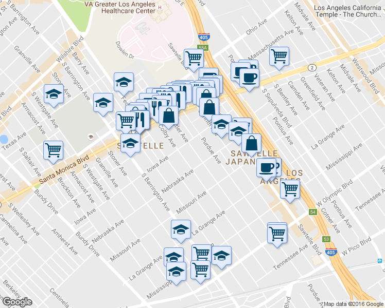 map of restaurants, bars, coffee shops, grocery stores, and more near 1724 Colby Avenue in Los Angeles