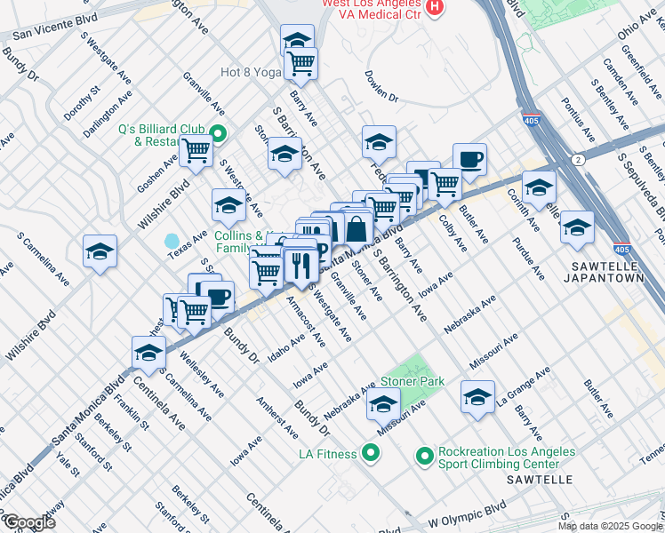 map of restaurants, bars, coffee shops, grocery stores, and more near 1515 Granville Avenue in Los Angeles